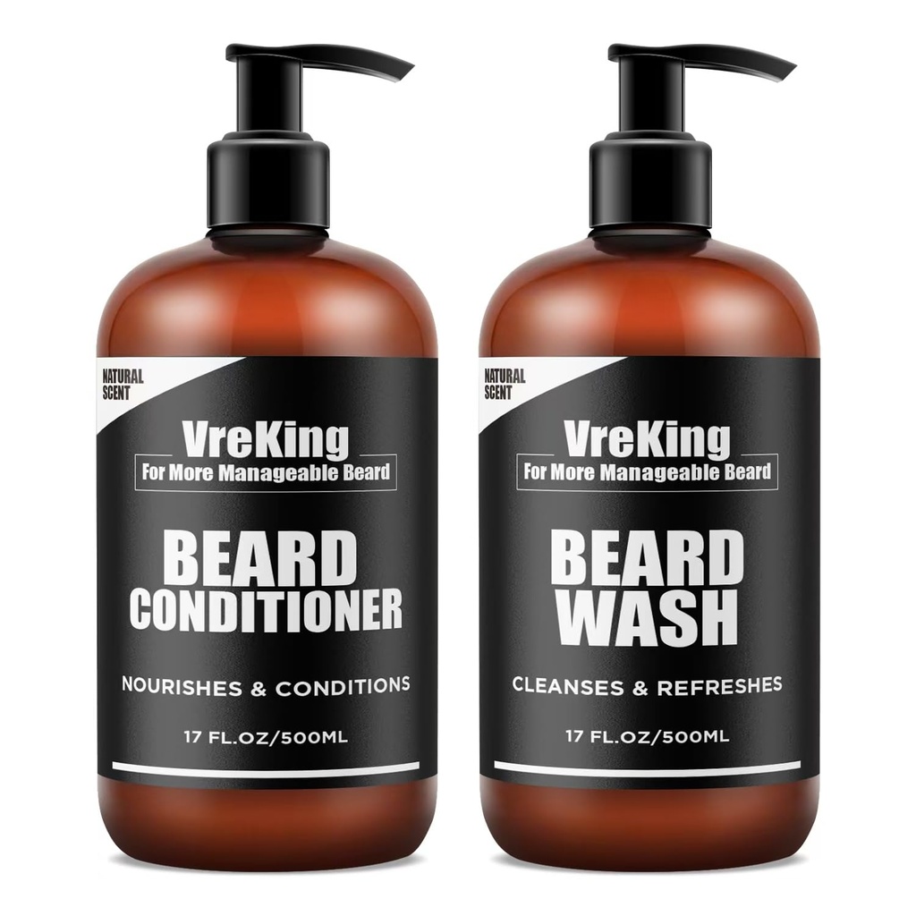 Mens Beard Wash y Beard Acondicionador Conjunto para Hombres, Cara y barba Champú y acondicionador Conjunto para Hombres w / Biotina Facial Crecimiento del cabello Fórmula Dandruff, Regalos para Hombres, 500ml*2