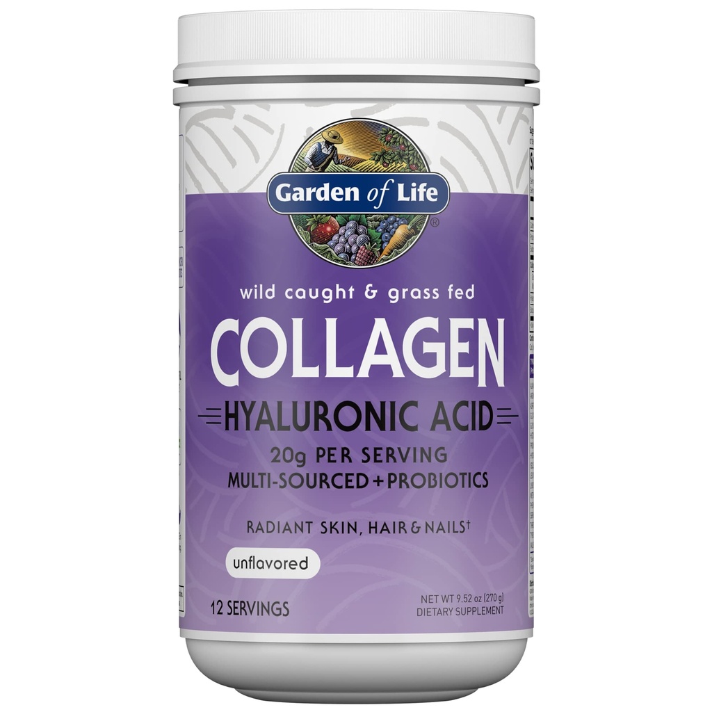 Garden of Life Marine " Grass-Fed Collagen Peptides Powder Supplement (Type I, III) with Probiotics, BCAAs " Hyaluronic Acid for Radiant Hair, Skin & Nails – Unflavored, 20g per Serving, 12 Servings