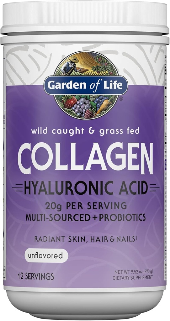 Garden of Life Marine " Grass-Fed Collagen Peptides Powder Supplement (Type I, III) with Probiotics, BCAAs " Hyaluronic Acid for Radiant Hair, Skin & Nails – Unflavored, 20g per Serving, 12 Servings