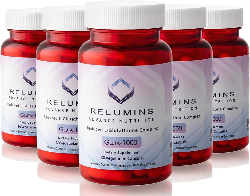 Relumins Advance Nutrition Gluta 1000 - Reducido L-Glutathione, Alfa Lipoic Acid & Rose HIPS, Antioxidant Support for Skin &amp; General Wellness, Made in USA - 30 Capsules x 5 Bottles (75-Day Supply)