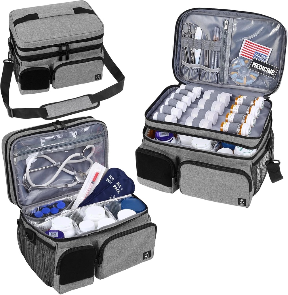 Bolso de Medicina de Capas Dobles con Organizador de Botellas de Compartimiento Aislante con Cierre Bloqueable,Organizador de Medicina Travel con Correas de hombro suave para Botellas de Píldoras, Suministros Médicos