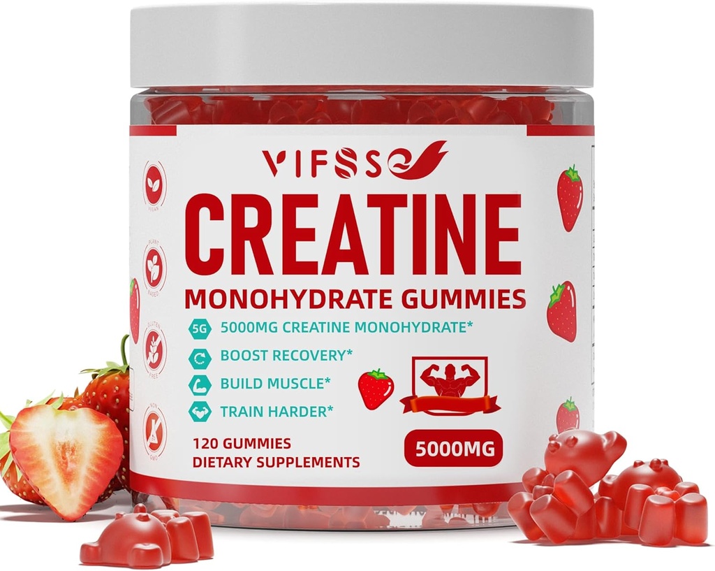 Cretina Monohydrate Gummies 5 g para Hombres &amp; Mujeres, 120 Gomas Libres de Azúcar con 200 Mg Magnesium Glycinate, 200 Mg L-Threonate for Muscle Support, Energy Boost