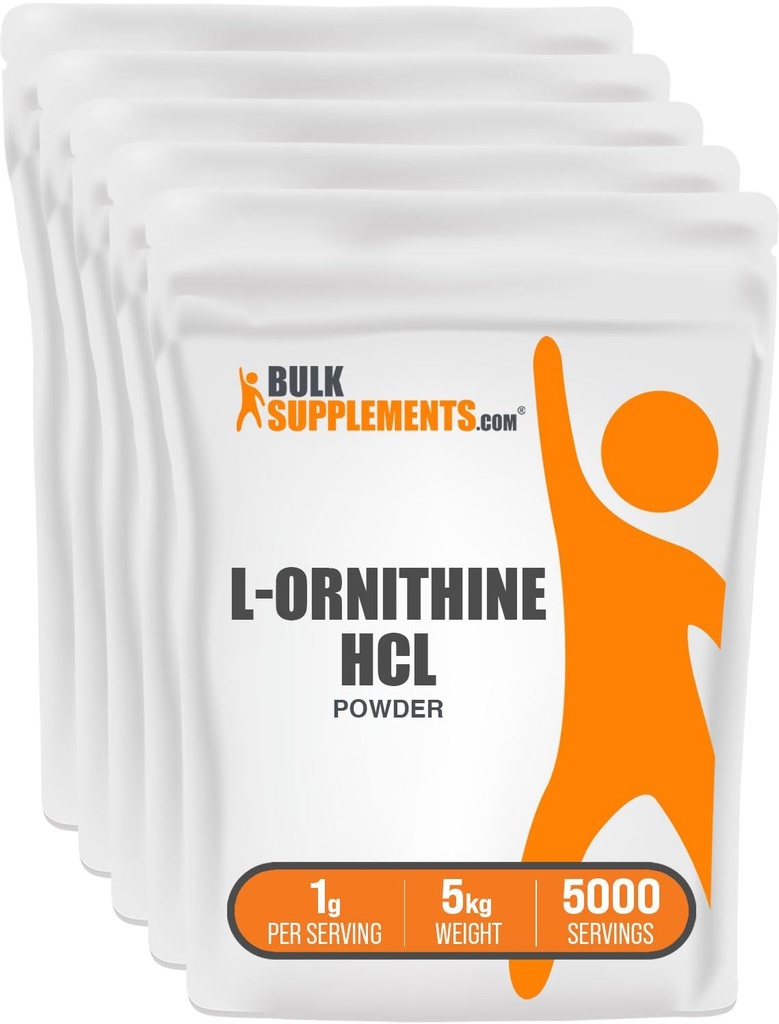 BulkSupplements.com L-Ornithine HCl Powder - Suplemento Ornithine, Suplemento Aminoácidos - Gluten Free, 1g por Serving, 1kg (2,2 libras) (Pack de 5)