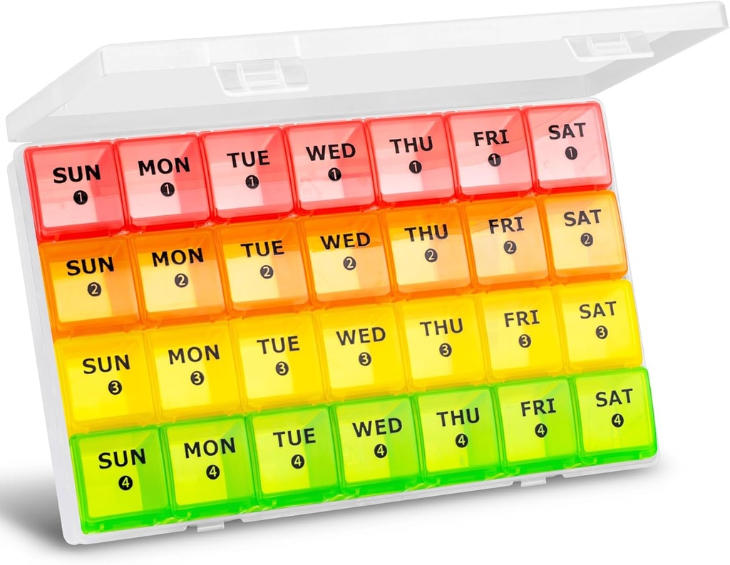 Gran organizador de píldoras mensuales, XL 4 semanas caja de píldoras,28 días cajas de píldoras organizados por semana,Big contenedor de píldoras con techo de polvo, para píldoras/Vitamin/Fish Oil/Supplements, por Yaklim (ROYG)