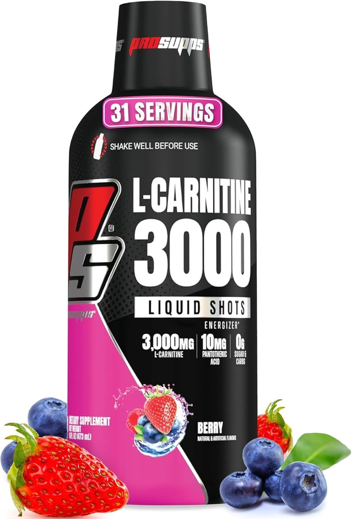 PROSUPPS L-Carnitine Liquid 3000, Stimulant-Free Liquid Shots for Men &amp; Women - Clean Workout Drink for Energy, Performance &amp; Muscle Recovery - No Sugar, No Carbs - 31 Servings, Berry