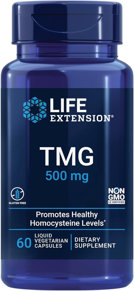 Extensión de vida TMG, trimetilglicina, fomenta niveles saludables de homocisteína, no GMO, libre de gluten, vegetariano, 60 cápsulas