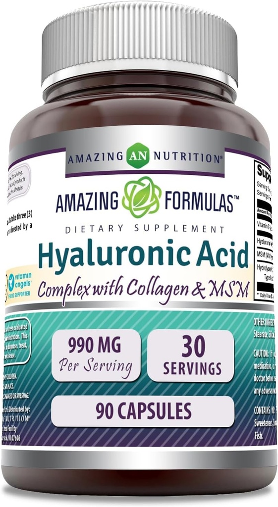 Amazing Formulas Hyaluronic Acid Super Complejo con MSM, Collagen Tipo I & III, y Vitamina C TEN 990 Mg ANTE 90 Capsules Suplemento TEN NO-GMO TEN Gluten Free TEN Made in USA