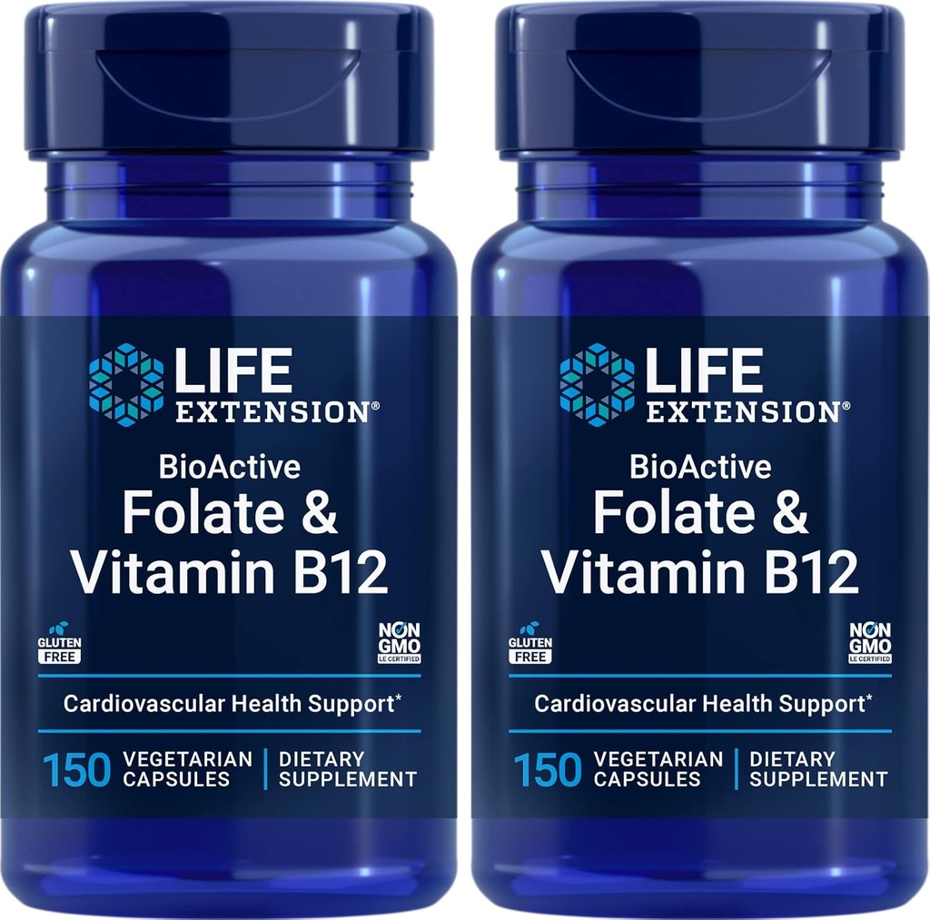 Ampliación de vida BioActive Folate &amp; Vitamina B12, 150 cápsulas vegetarianas (Pack of 2), Non GMO, Gluten Free