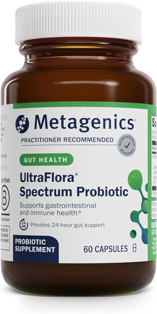 Metagenics UltraFlora Spectrum - Shelf-Stable Probiotic for Gut " Digestive Wellness, Healthy Microbiome " Flora Support* - Non-GMO " Gluten-Free - 2-Month Supply - 60 cápsulas