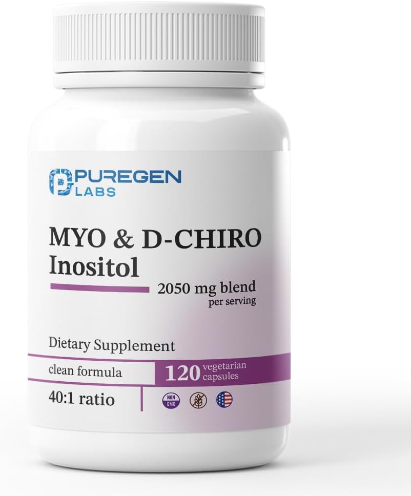 Puregen Labs Inositol Supplement TEN Myo Inositol & D-Chiro Inositol 2050mg - 120 Veggie Caps TEN No Harmful Additives ← Non-GMO, NO Gluten and Dairy - Made in USA