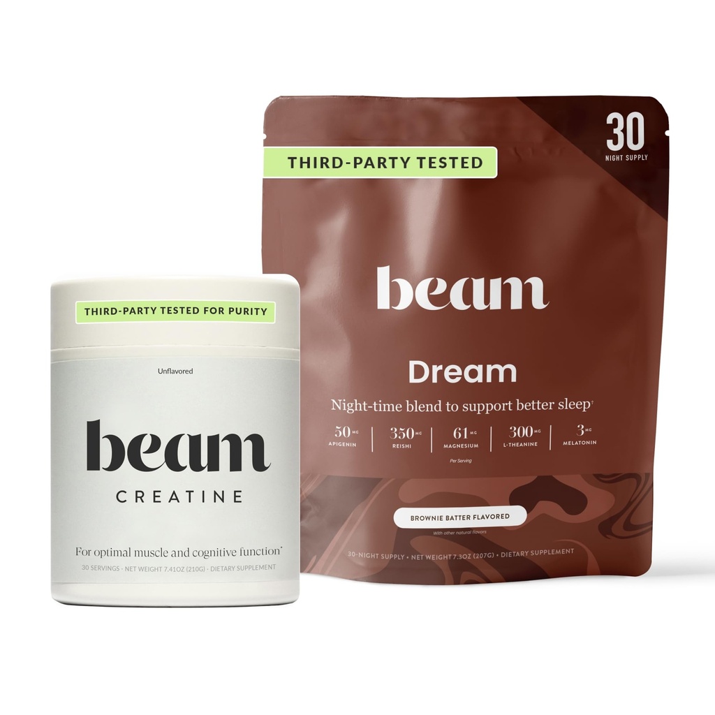 Beam Dream Sleep Powder & Creatine Bundle, Third Party Tested Natural Sleep Aid & Recovery Supplement with Micronized Creatine Monohydrate, Unflavored Pure Creatine Powder for Muscle Strength, Energy