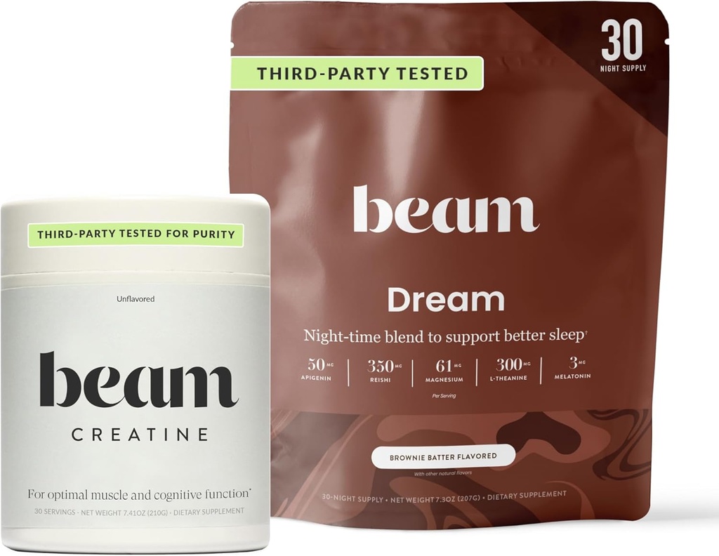 Beam Dream Sleep Powder &amp; Creatine Bundle, Third Party tested Natural Sleep Aid & Recovery Suplemento con micronized Creatine Monohydrate, Unflavored Pure Creatine Powder for Muscle Strength, Energy