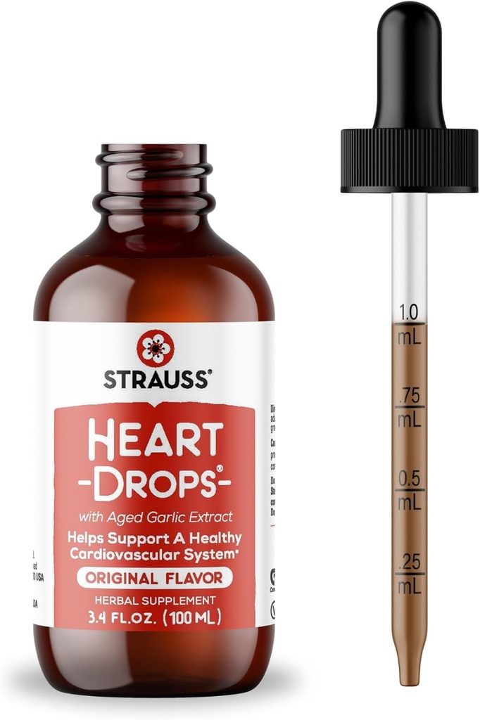 Strauss Naturals Heart Drops – Natural Mistletoe " Aged Garlic Extract Heart Health Supplement – Helps Maintain Healthy Cardiovascular System – Vegan " Non-GMO – 100 ml Bottle