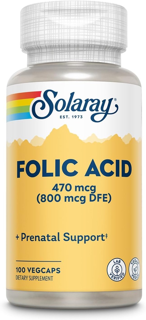 SOLARAY Folic Acid - Vitamina B9 Folic Acid Supplement, Prenatal Vitamin - Blood Cell Development Support - Vegan, Lab Verified, 60-Day Guarantee - 100 Servings, 100 VegCaps