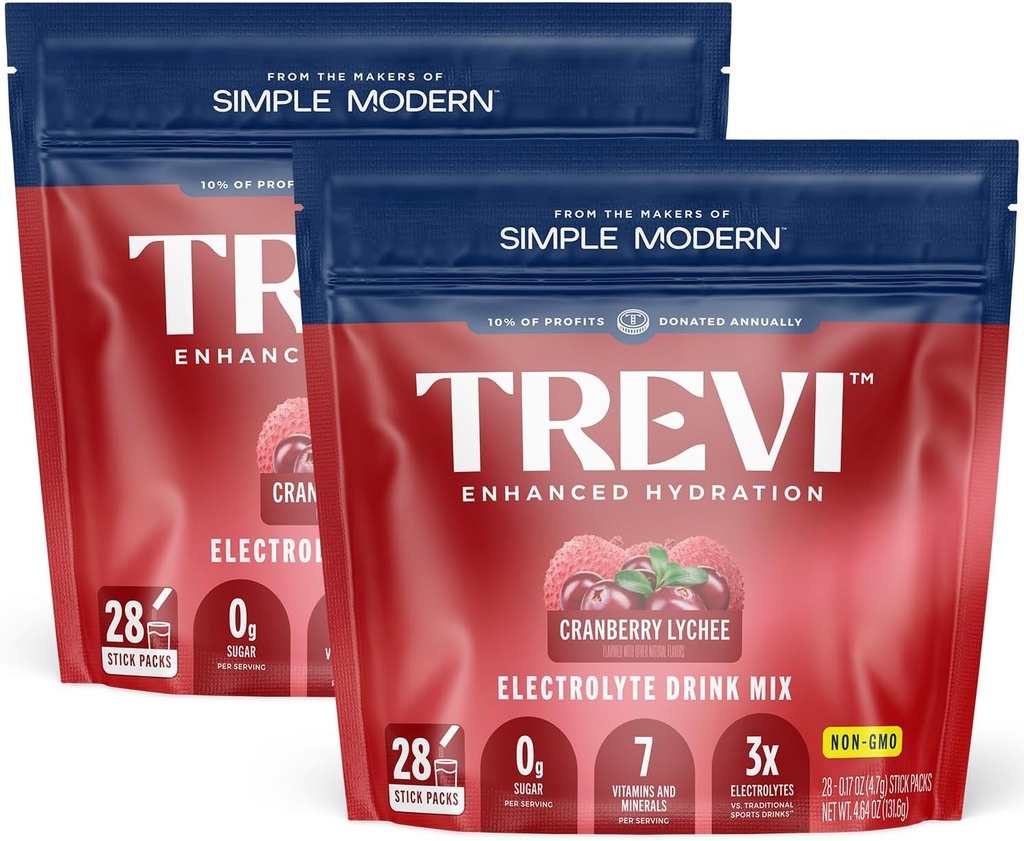 Electrolitos gratis de azúcar TREVITM - Paquetes de polvo de mezcla de bebidas - 56 cuenta - Cranberry Lychee