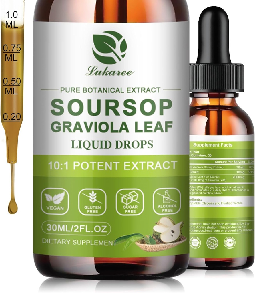 Nature Soursop Bitters Líquido, 15 días de suministro de aceite de graviola para la regeneración celular, antioxidante, inmune Boost, Digestivo, libre de azúcar, libre de gluten, gotas multivitamina SOP 1 FL OZ