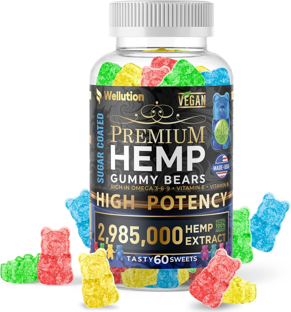 WELLUTION Azucar-Coated Hemp Gummies – High Potency 2,985,000 MCG – Natural Fruity Bears for Relaxation and Peace - Fast-Acting - 60ct