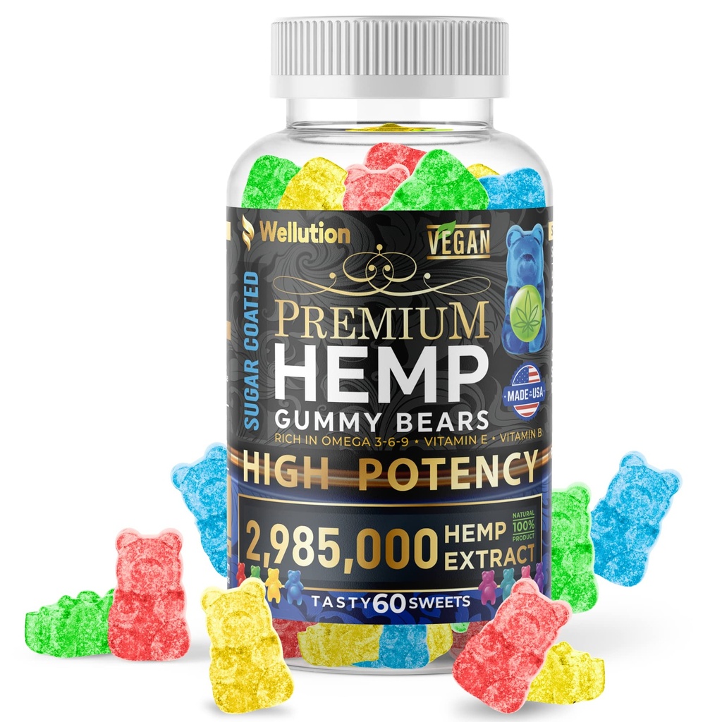 WELLUTION Azucar-Coated Hemp Gummies – High Potency 2,985,000 MCG – Natural Fruity Bears for Relaxation and Peace - Fast-Acting - 60ct