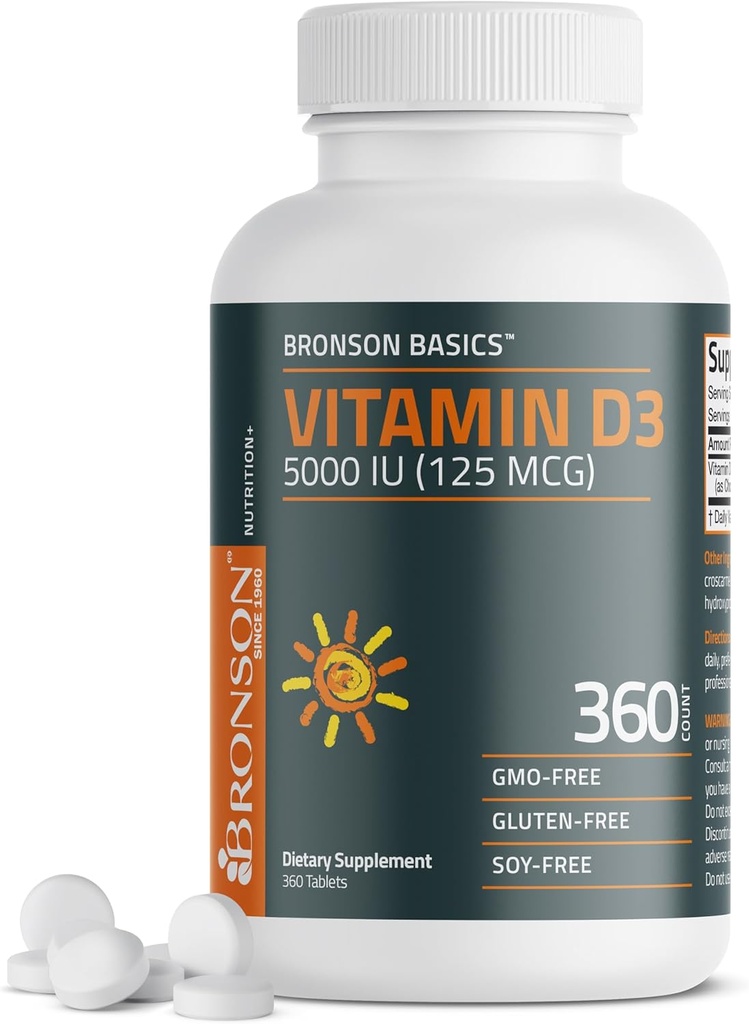 Vitamina Bronson D3 5000iu (125mcg) 1 año de suministro para la función muscular saludable y soporte para inmunes, no GMO, 360 Tabletas
