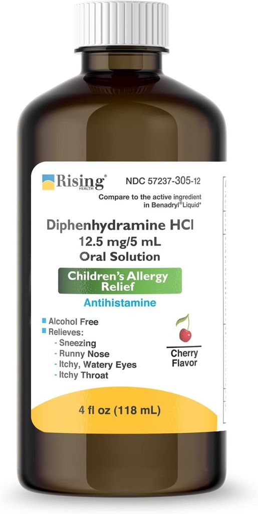 Rising Health - Alivio de la alergia Medicina Líquida con Diphenhydramine HCl 12.5mg/5ml - Alergía de los niños Syrup para síntomas Como Runny Nose, Itchy Eyes &amp; More - Cherry Flavor - 4 fl. oz
