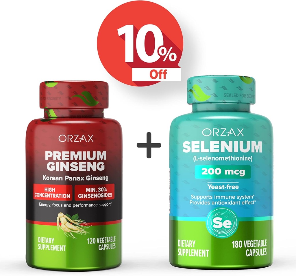 Ginseng Premium ORZAX 120 cápsulas Vegatables y Selenium 200 Mg 180 cápsulas Vegatables, Bundle