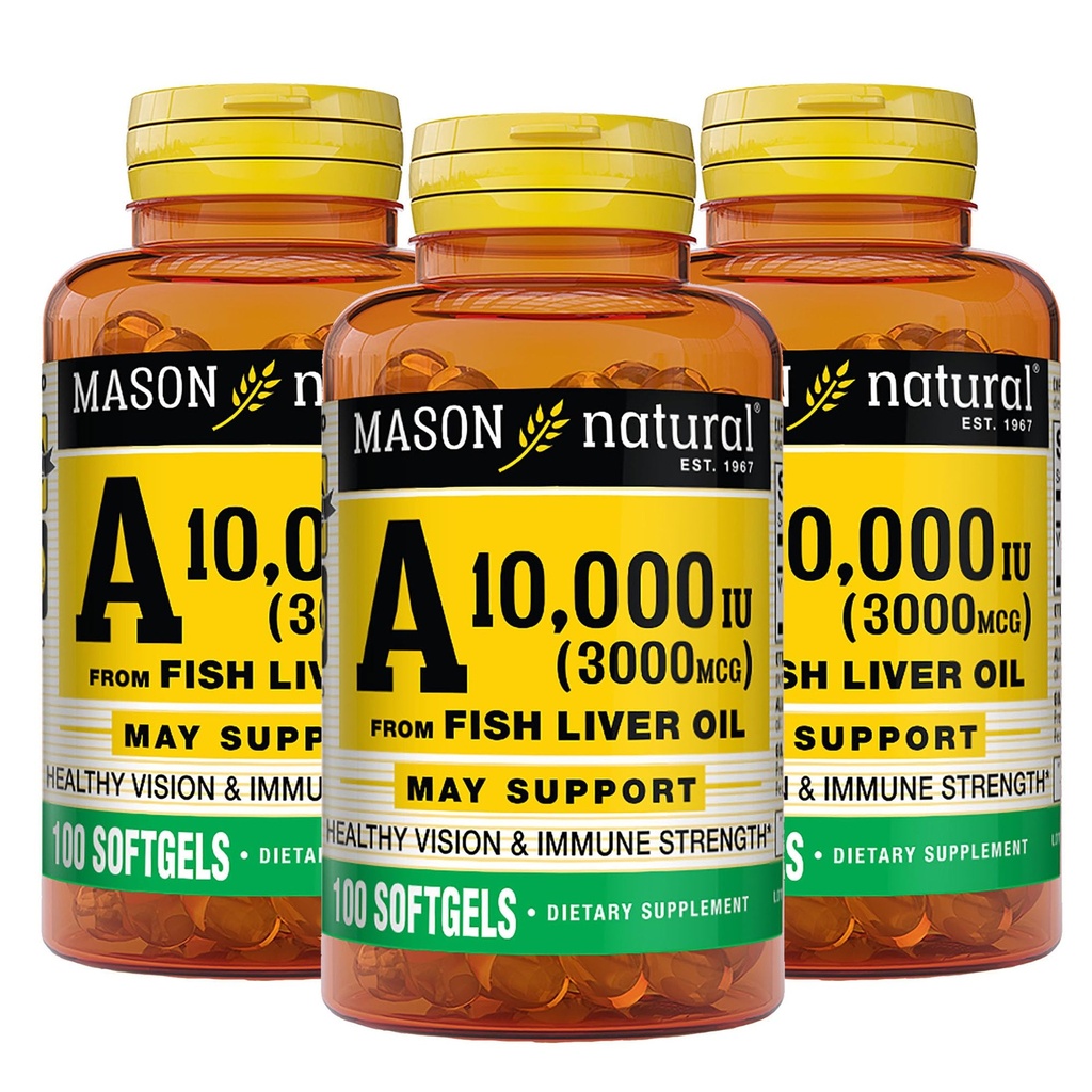 MASON NATURAL Vitamina A 3000 mcg (10.000 UI) de Fish Liver Oil, soporta Vision &amp; Immune Health, 100 Softgels, Pack de 3