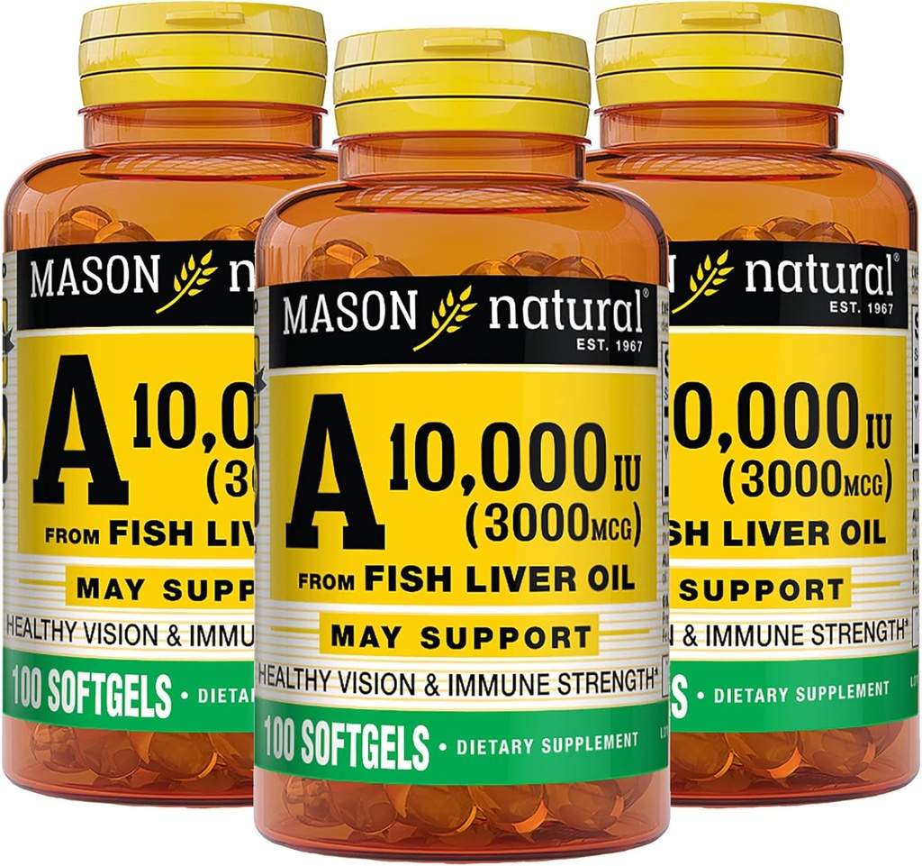 MASON NATURAL Vitamina A 3000 mcg (10.000 UI) de Fish Liver Oil, soporta Vision &amp; Immune Health, 100 Softgels, Pack de 3