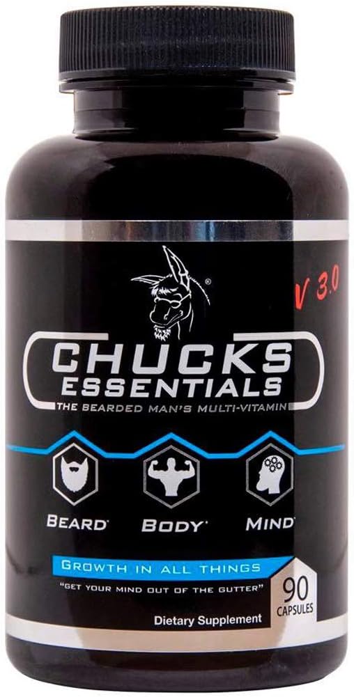 Chucks Essentials - The Bearded Mans Multivitamin, para la barba de crecimiento más rápido, cargada con las vitaminas y minerales esenciales para el cabello saludable, delgado, más fuerte y más rápido, 90 cápsulas
