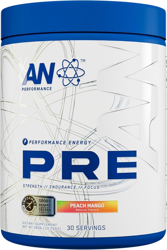 AN Performance Pre-Workout Powder Supplement for Men & Women | Energy Drink Mix with 300mg Caffeine + Beta Alanine + Citrulline | Third-Party Tested | Peach Mango | 30 Servings
