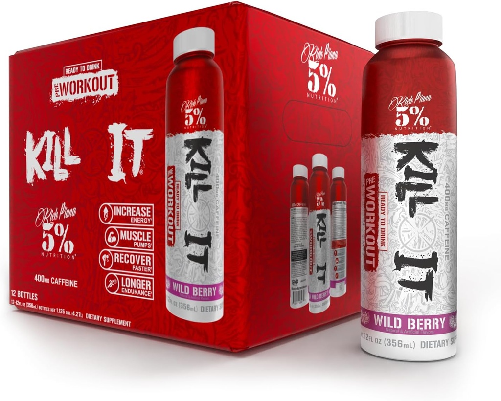 5% Nutrition Kill It Ready-to-Drink High Stim Pre Workout | 400mg Caffeine Energy Drink | Extreme Pump, Endurance, Focus & Hydration | Citrulline, Beta Alanine, Taurine | 12 Pack (Wild Berry)