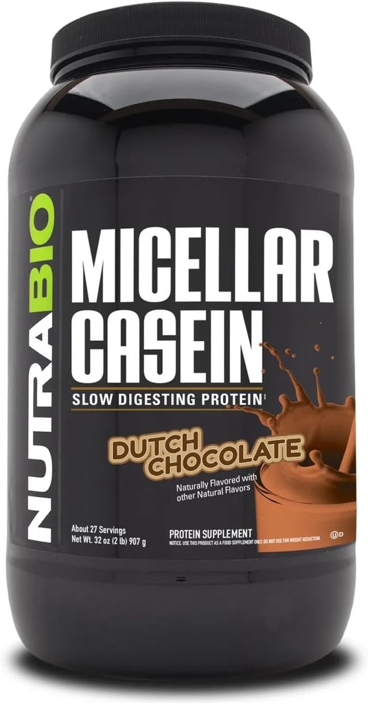 NutraBio Casein Protein Powder, Micellar Casien Powder, 25g Slow Digesting Protein, Helps Keep You Full, Overnight Muscle Recovery &amp; Growth, BCAA &amp; EAA, Gluten Free, Soy Free, 2lb Chocolate
