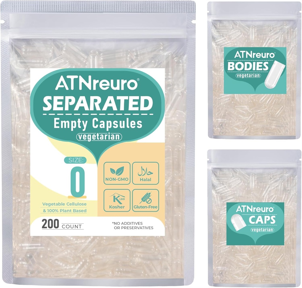 cápsulas de vacío separadas vegano tamaño 0 (200 condes), cápsulas de píldora HPMC vacío para relleno de suplementos DIY