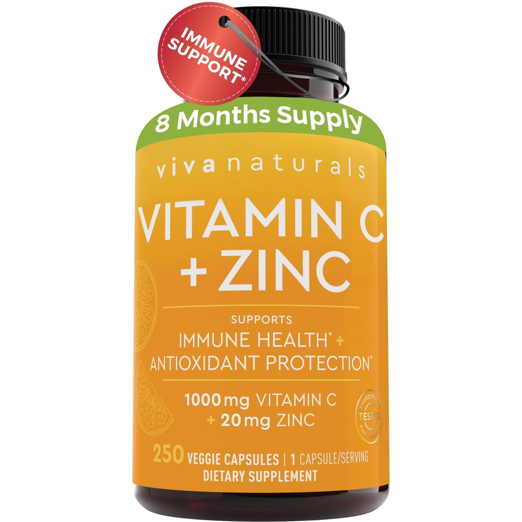 Viva Naturals Vitamina C y Suplemento Zinc (250 cápsulas) - 1000 mg Vitamina C con Zinc 20 mg Suplementos Antioxidantes para Apoyo Inmunitario, Suplemento de Vitamina para Adultos
