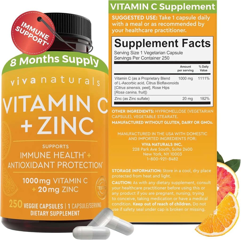 Viva Naturals Vitamina C y Suplemento Zinc (250 cápsulas) - 1000 mg Vitamina C con Zinc 20 mg Suplementos Antioxidantes para Apoyo Inmunitario, Suplemento de Vitamina para Adultos