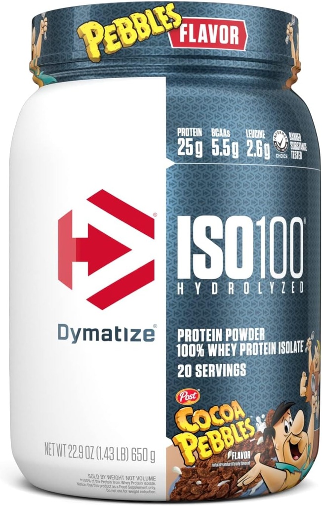 Dymatize x Cocoa Pebbles ISO100 Whey Protein Powder Isolate, 25g de Protein, 20 Servings, 5.5g BCAAs, 120 Cal., Gluten Free, 1g Fat, 1g Sugar, 2g Carb