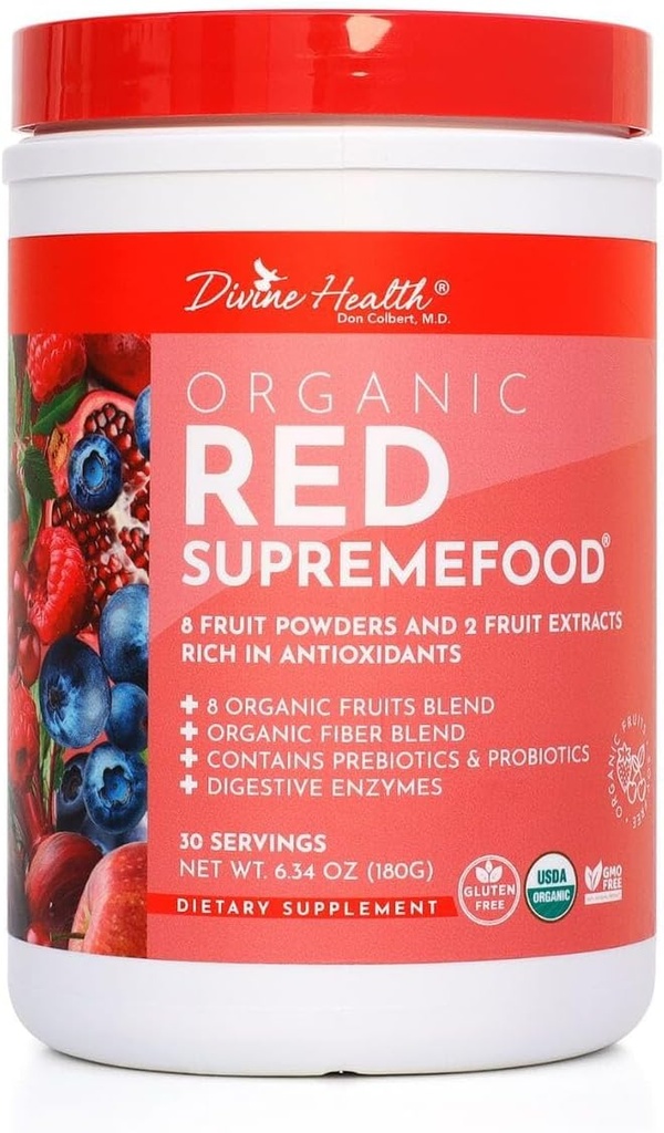 Salud Divina Orgánica Red Supremefood® tención 10 Frutas Orgánicas + Probióticos, Enzimas, Herbs, Fibra & Antioxidantes ← No GMO Berry Flavored Blend tención (180g) (30 Day Supply)