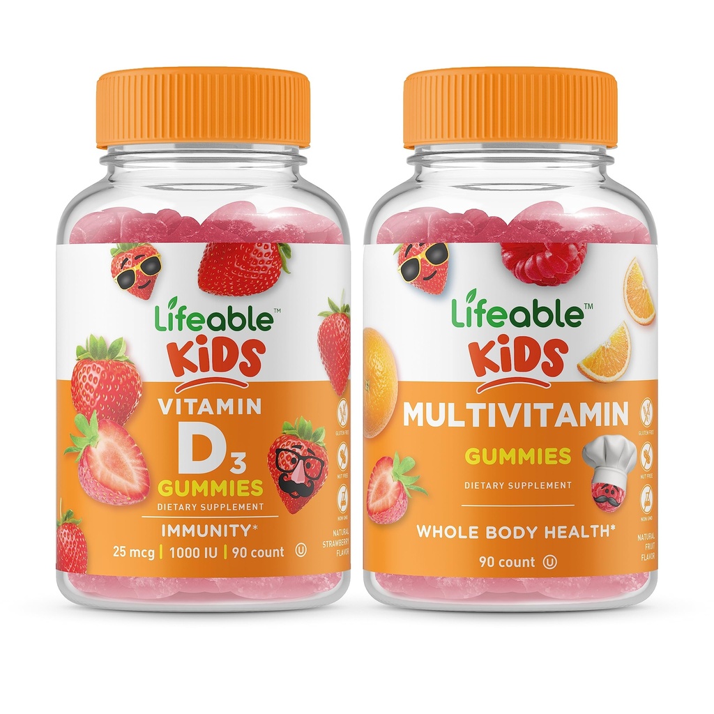 Lifeable Vitamin D Kids + Multivitamin Kids, Gummies Bundle - Great Tasting, Vitamin Supplement, Gluten Free, GMO Free, Chewable Gummy