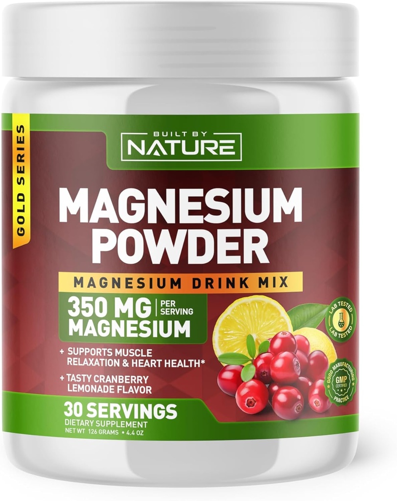 Construido por Nature Magnesium Powder - Anti-Stress Drink Mix for Calm & Regularity - Magnesium Citrate Suplemento - Relax, Muscle & Heart Support - Cranberry Lemonade Flavor - 30 Servings