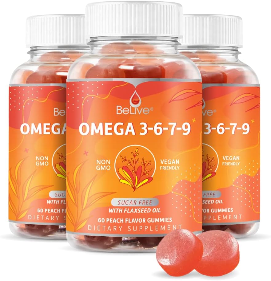 BeLive Orgánica Omega 3 Gummies - Omega 3 6 9 7 DHA &amp; EPA del aceite de fruta de hebilla de mar " , Vegan, para adultos de niños, cuerpo completo, soporte para cerebros y ojos, libre de azúcar – Peach  durable 3-Pack