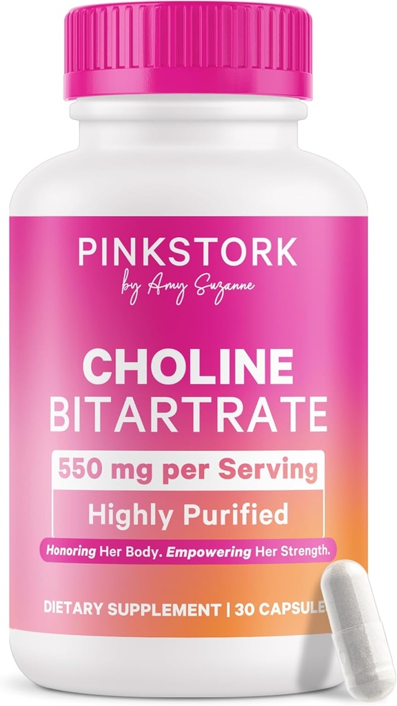 Pink Stork Choline - 550 mg Choline Bitartrate de VitaCholine para embarazadas + Postpartum Moms - Vitamina Prenatal para Fetal Cognitive Health + Breast Milk Quality - 1 cápsula diaria, 30 cuenta