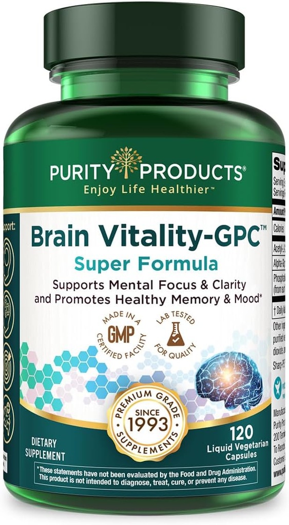 Purity Products Brain Vitality-GPC Super Formula Acetyl L-Carnitine HCI + Alpha GPC + Phosphatidlyserine - Soporta Concentración Normal y Claridad Mental - 120 Caps