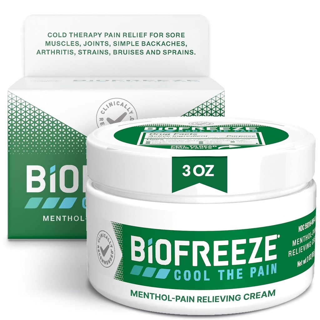 Biofreeze Crema de alivio del dolor para la rodilla, el cuello, la cadera, la articulación, el hombro, " Simple Backache, Aliviador del dolor de la artritis, Alivio del músculo del llanto, Crema de dolor de menta, 3 Oz