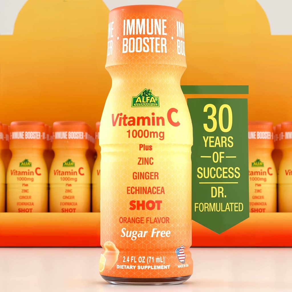 Vitamina C Shot 1000MG - Booster de inmunidad con zinc, jengibre, " Echinacea - Proteger su inmunidad - Luchar contra el frío común - Orange Flavor - 2.4 FL Oz Bottle - 20 Pack