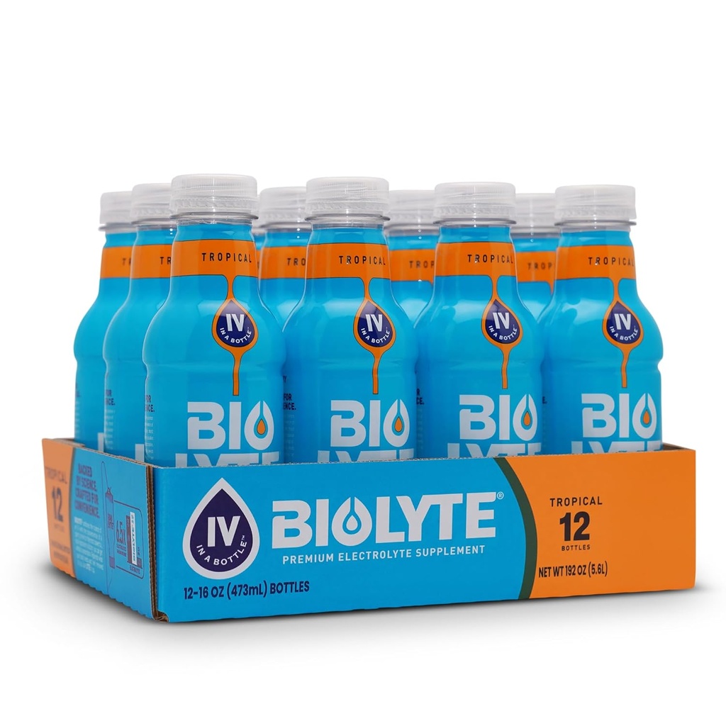 BIOLYTE Electrolyte Drink - Doctor-Formulated Hydration Drink, HSA & FSA Electrolytes Water, Chemotherapy Must Haves for Women ' Men, Rehydration IV Liquid in a Bottle - Tropical, 16 Fl Oz (12 Pack)