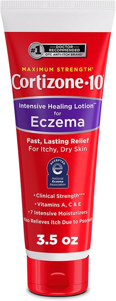 Cortizone-10 Máximo Strength Intensive Healing Itch Relief Lotion for Eczema, 1% Hydrocortisone, Fast-Acting, Anti-Itch Cream for Minor Skin Irritations, Rashes and Inflammation Due to Eczema, 3.5 oz