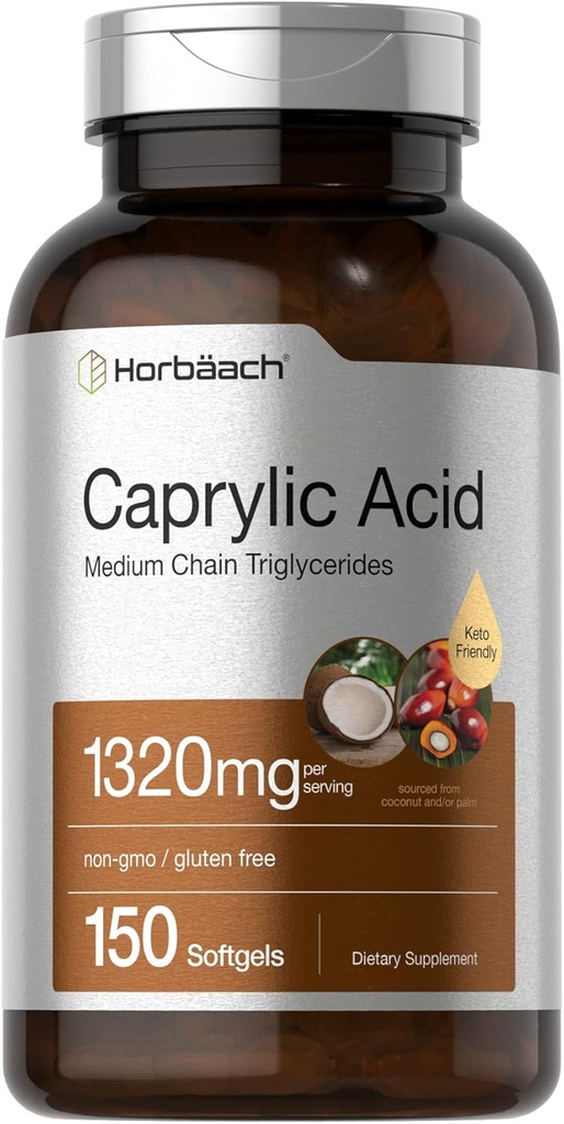 Horbaach Caprylic Acid 1320mg Suplemento Silencio 150 Softgel Capsules Silencioso de MCT Oil Silencio No Gluten Gratis