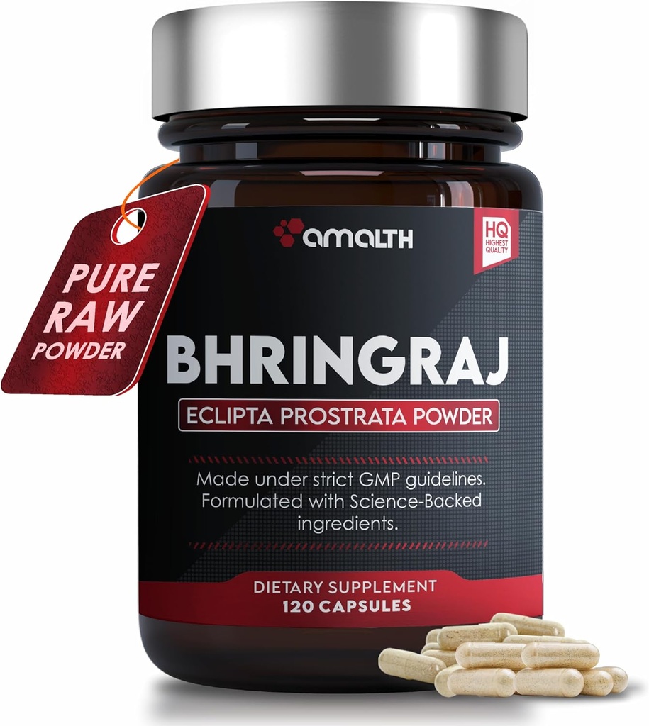 Amalth Organic Bhringraj Capsules 1500mg (False Daisy, Eclipta alba, 120 Veg Caps, Suplemento de base vegetal, Aurvédico Hair Herb Powder for Natural Healthy Hair, All Natural, Vegan)