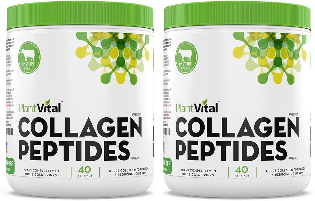 Péptidos de colágeno vegetal de pólvora - 100% de pólvora alimentada de colágeno - No GMO, Paleo Friendly - Dissolving, Unflavored, Made in USA. 40 Servimientos 400g - Pack de 2