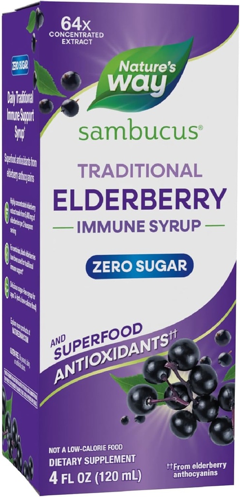 Camino de la Naturaleza Sambucus Zero Sugar Tradicional Immune Syrup, Altamente Concentrado Elderberry Extract, Tradicional Immune Support*, con Superfood Antioxidants(1), 4 Fl Oz (Packaging May Vary)