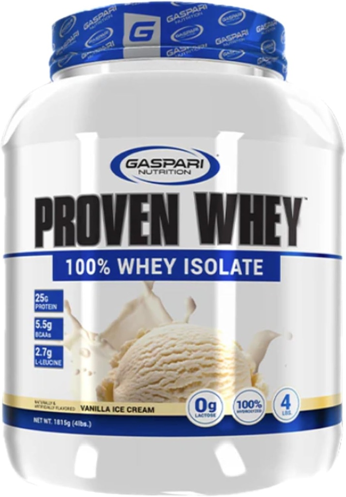 Gaspari Nutrition Proven Whey, 100% Hidrolyzed Whey Isolate, High Protein, Lactose Free, Low Carbohydrate y Low Sugar (4lb, Vanilla Ice Cream)
